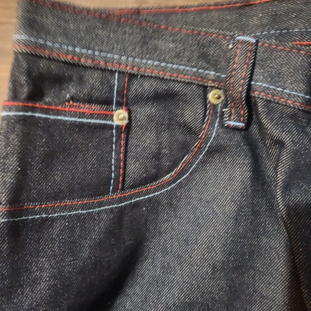 Vintage Qruel Jeans men's 36x32 Blue Dark Raw Red Stitching Baggy y2k - Picture 6 of 14
